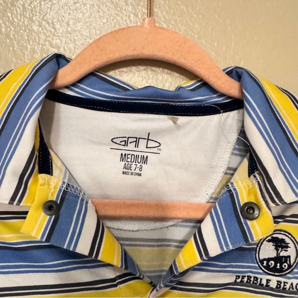 GARB Pebble Beach Boys Golf Striped Polo Shirt - Yellow & Blue